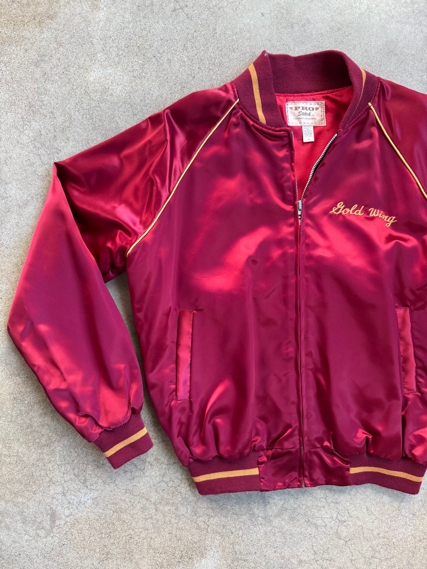 Vintage 1970s Burgundy "Gold Wing" Racing Satin Bomber Jacket | Large