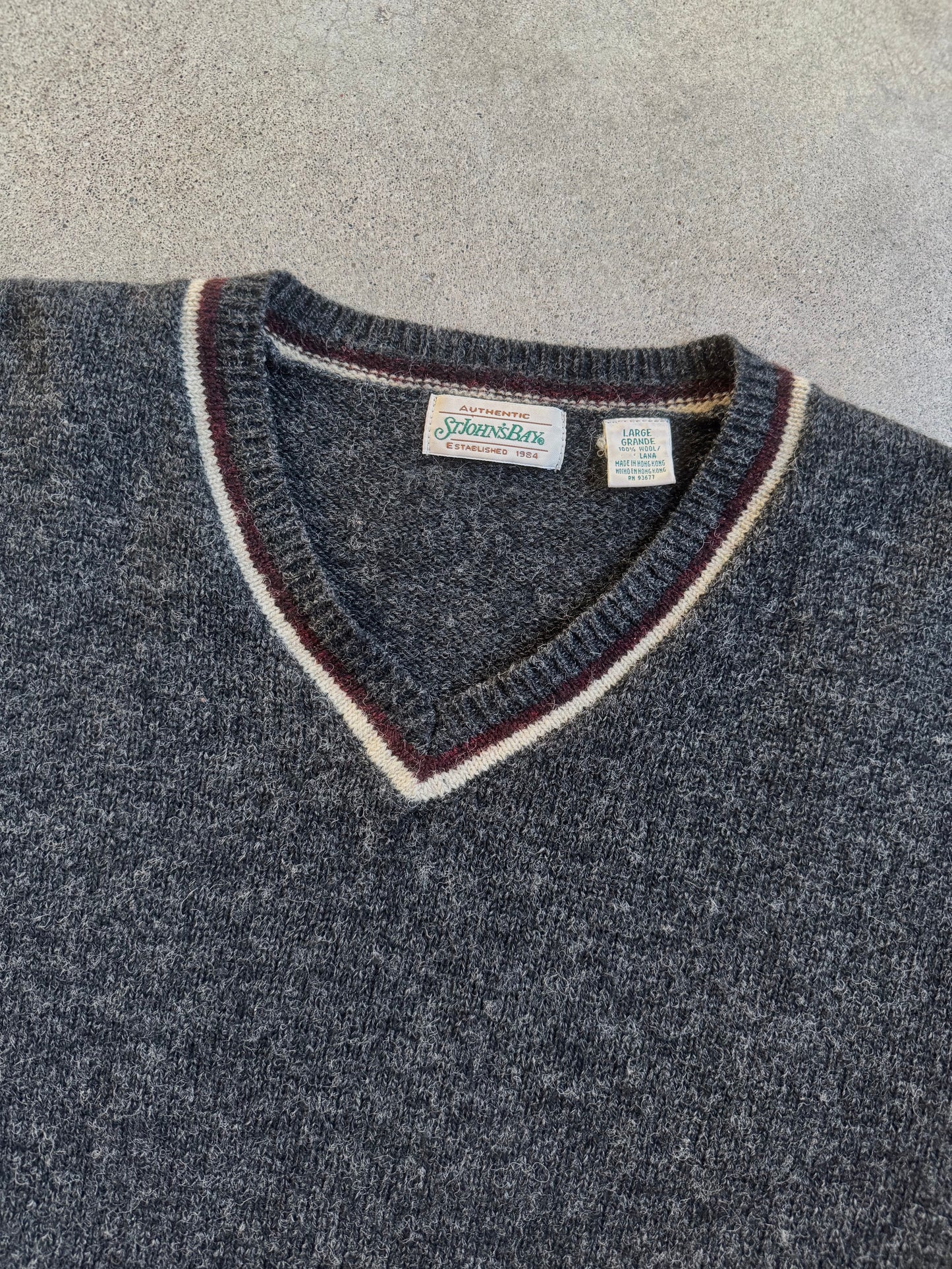 Vintage 1980s St. John’s Bay Charcoal Wool V-Neck Sweater | Large