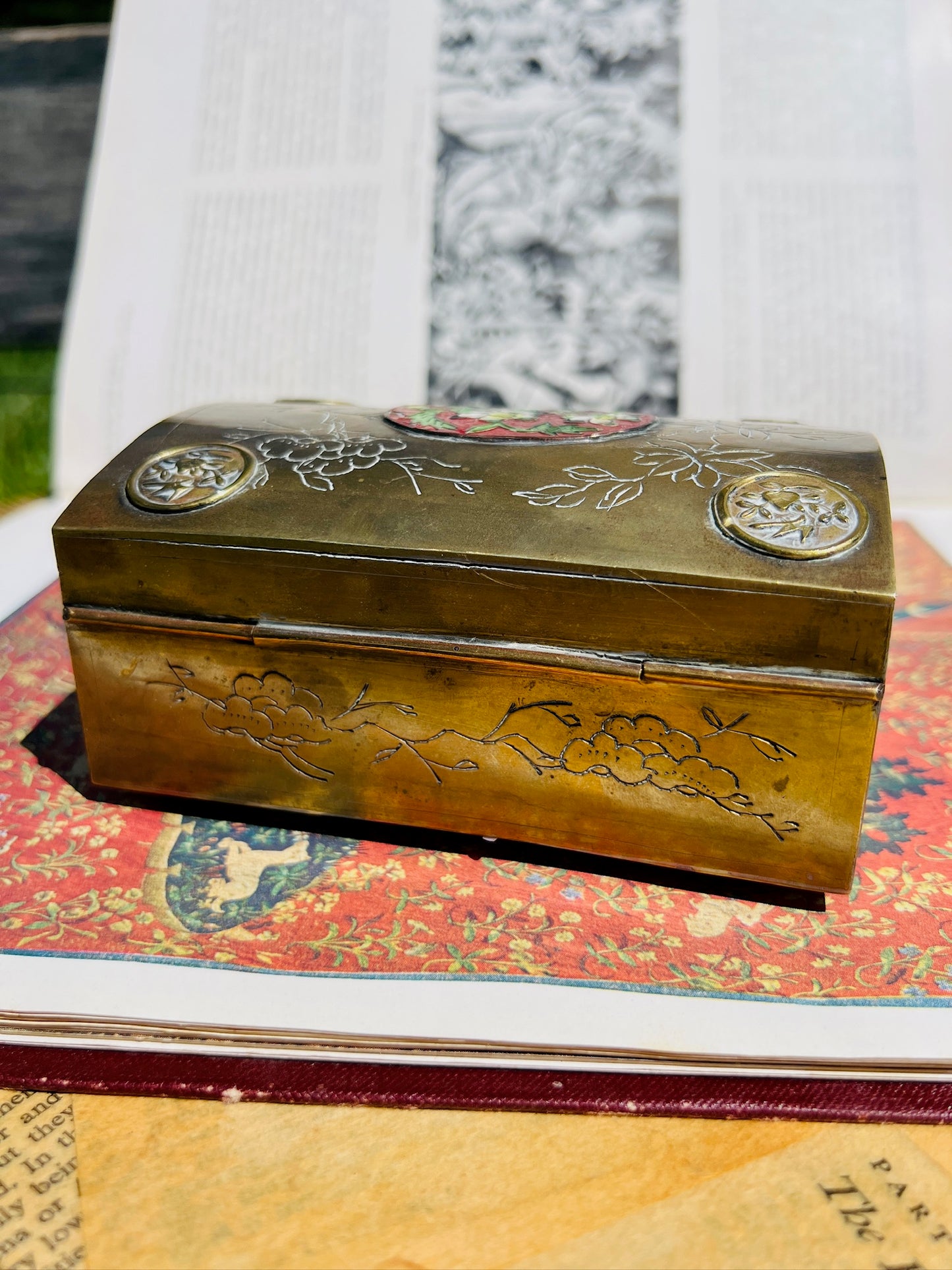 Vintage 1950s Brass Floral Painted Inlay Trinket Box