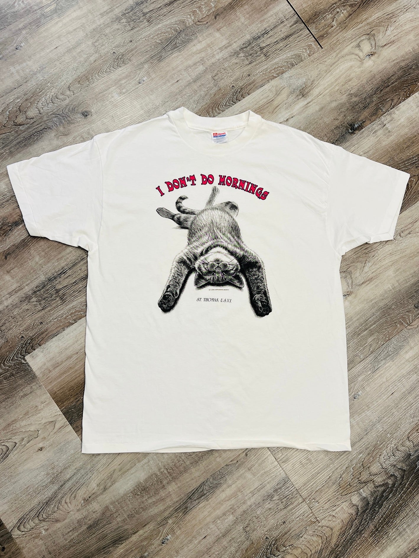 Vintage 1990s "I Don't Do Mornings" Cat Graphic Tee | XL