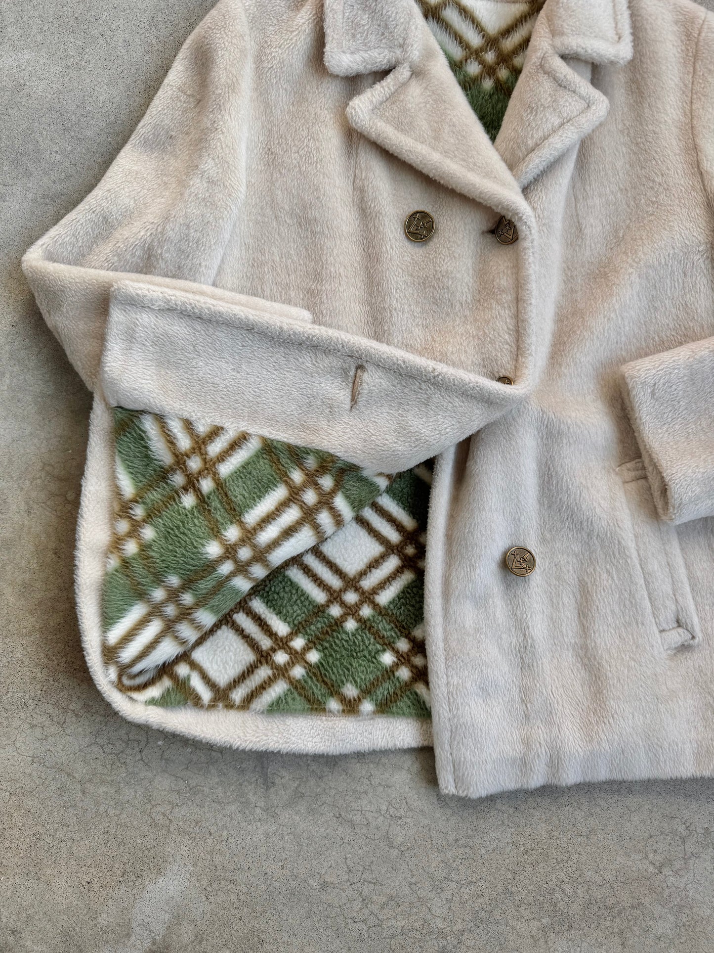 Vintage 1960s Sears Beige Faux Fur Plaid Lined Peacoat | Medium