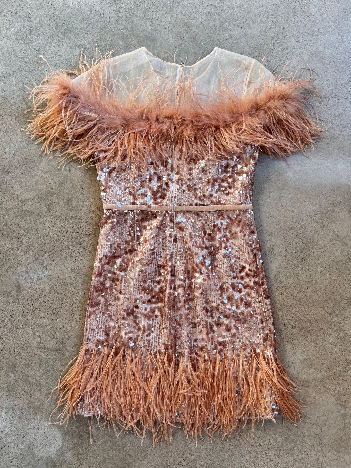 Antonio Melani Rose Gold Sequined Feather Cocktail Dress | Small