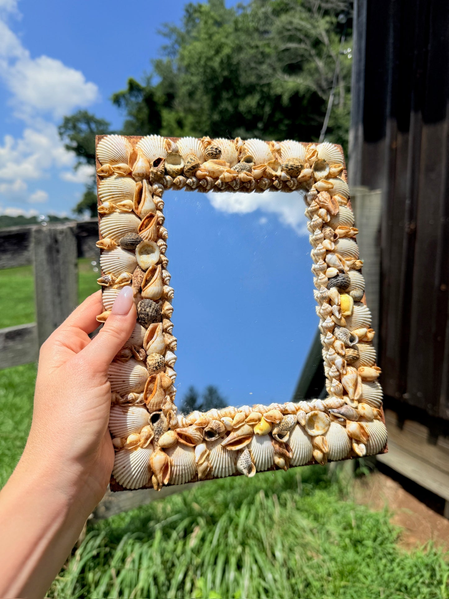 Vintage 1950s Seashell Frame Folk Art Wall Mirror