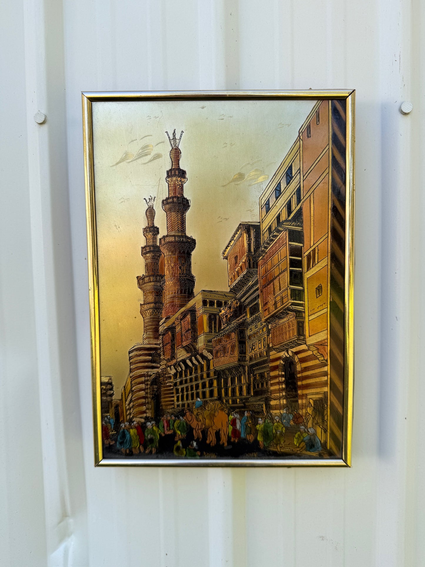 Vintage 1950s Framed Egyptian Street Market Engraved Artwork