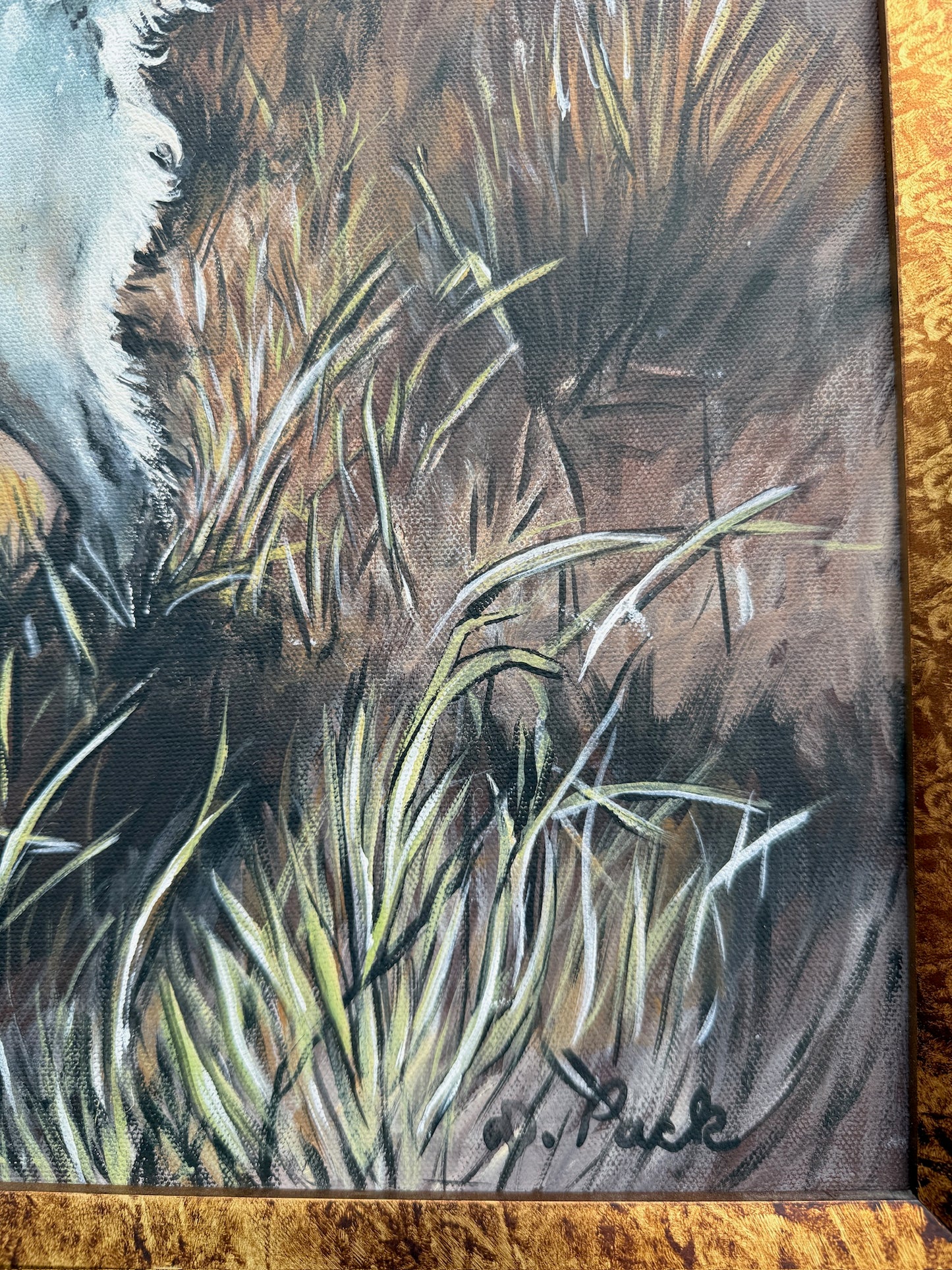 Vintage 1980s Framed & Signed “Dog in the Field” Oil On Canvas Painting