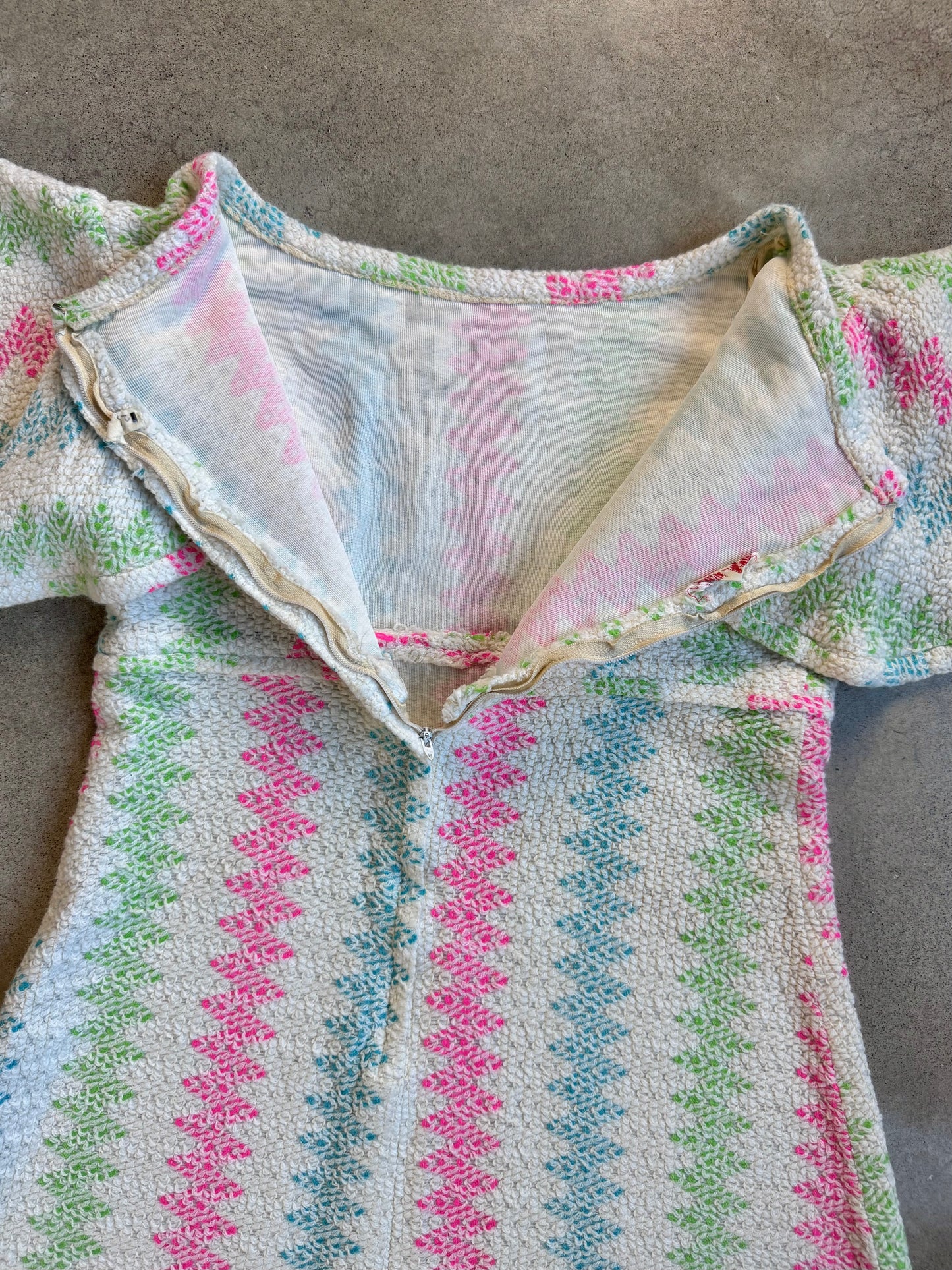 Vintage 1960s/70s Vicky Vaughn Princess Sleeve Multi-Color Knit Mini Dress | Small