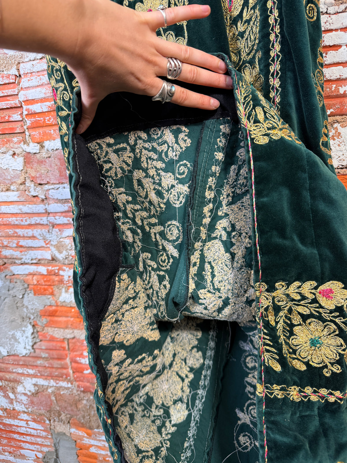 Vintage 1960s Handmade Green Velvet Flower Embroidered Kaftan