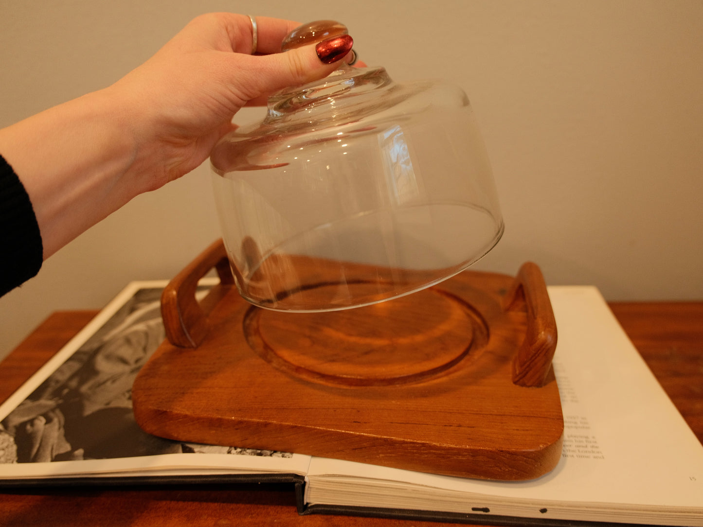 Vintage Danish Teakwood Cheese Board & Glass Dome