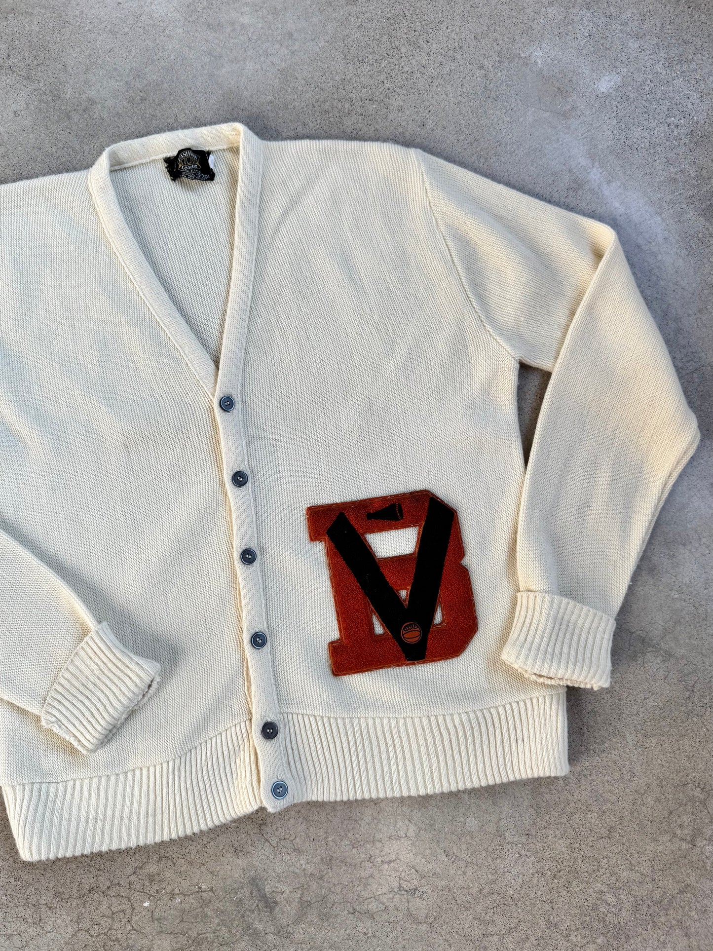 Vintage 1970s Fashion Leader Cream “B” Varsity Patch Letterman Sweater | Medium