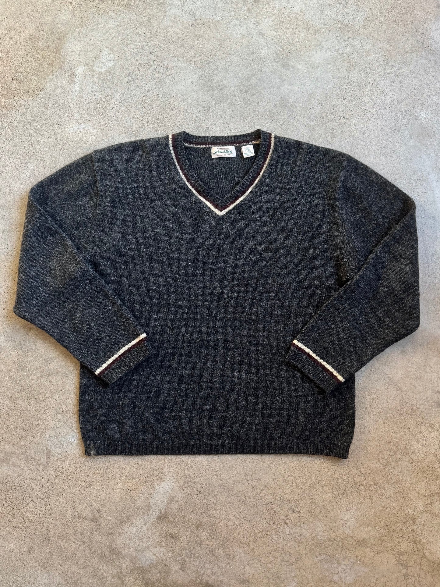 Vintage 1980s St. John’s Bay Charcoal Wool V-Neck Sweater | Large