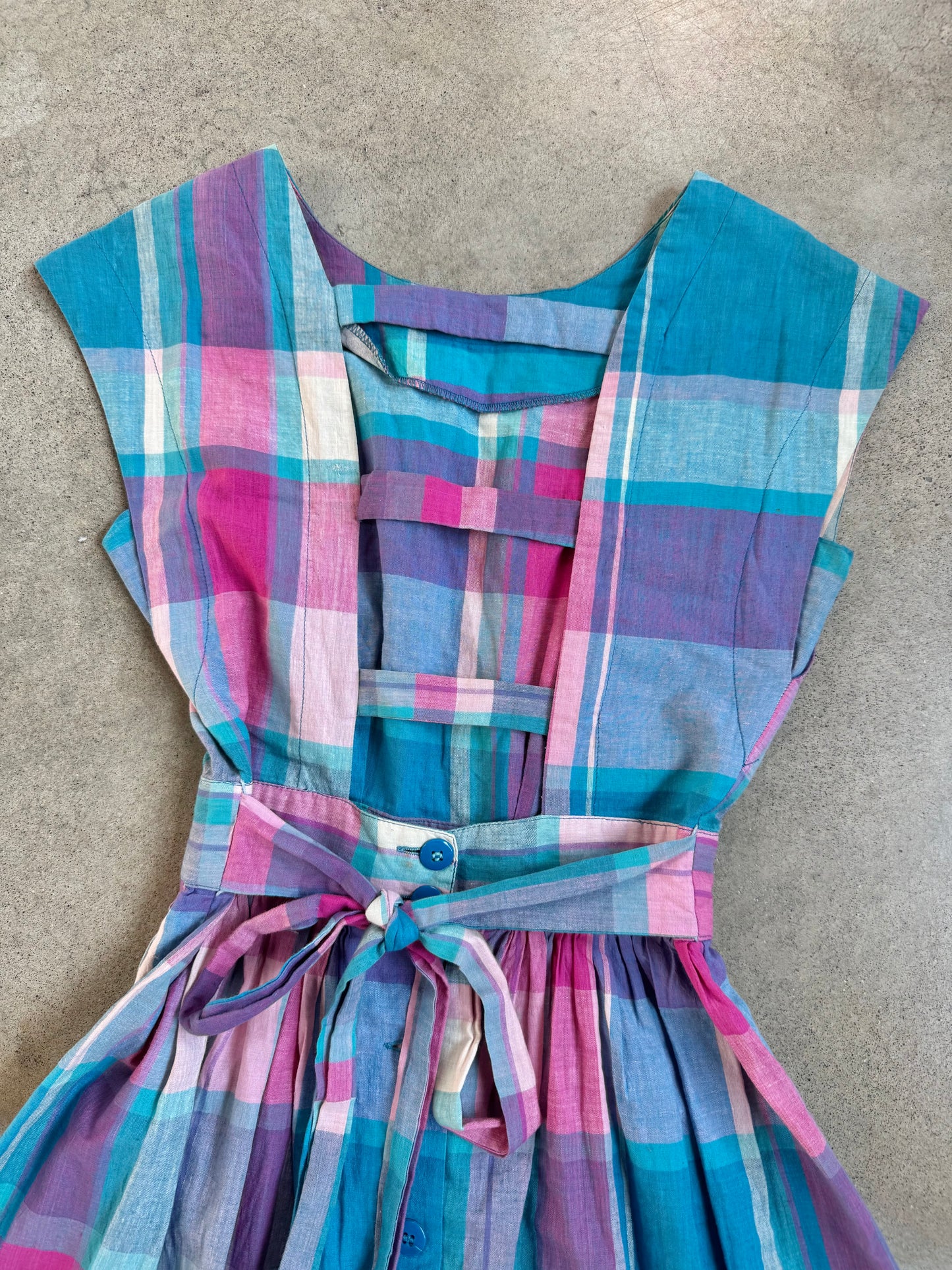Vintage 1960s Pink & Purple Plaid Tie Waist Cotton Mini Dress | XS