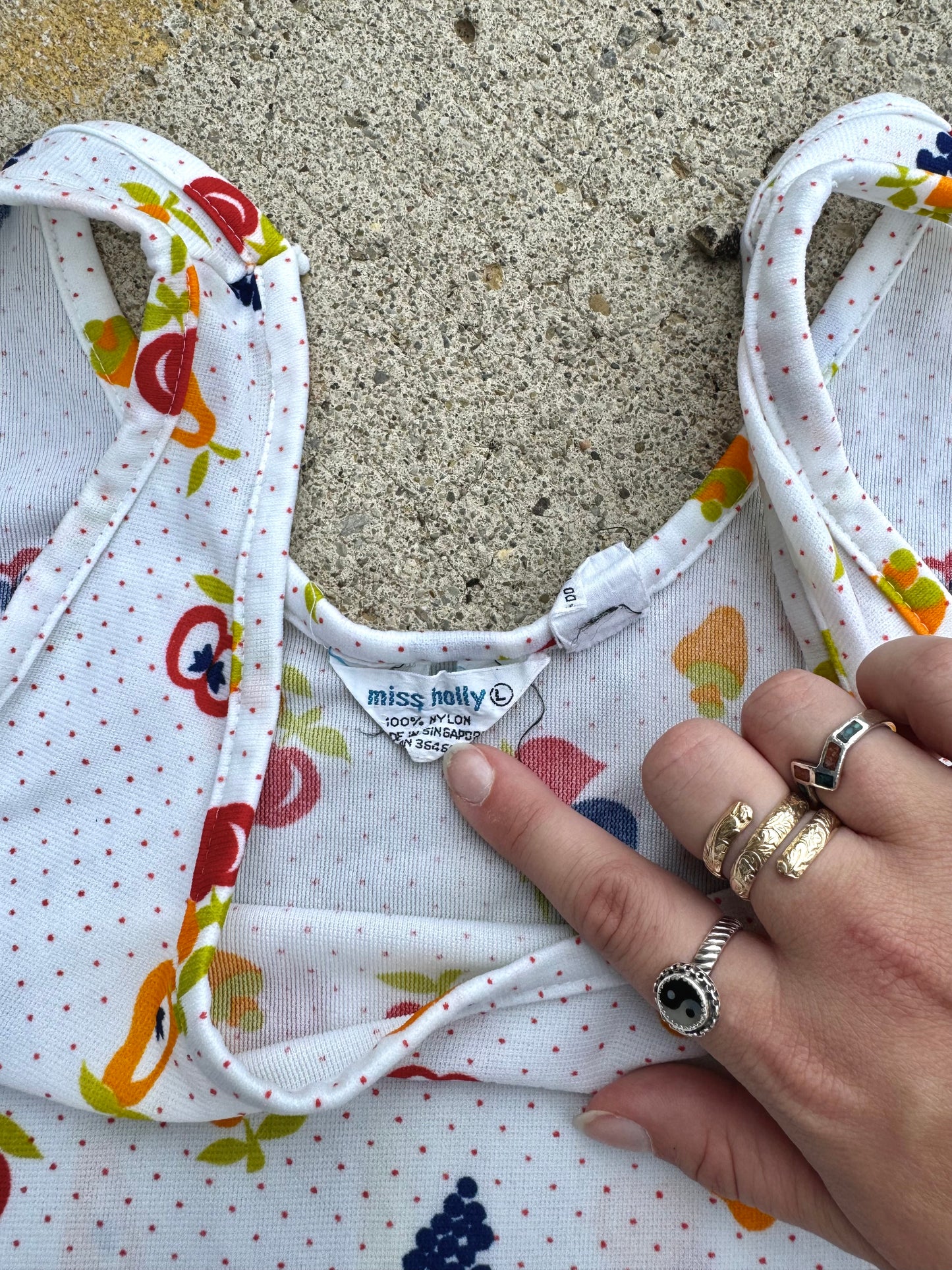 Vintage 1970s Miss Holly Fruit Print Nylon Tank Top | Large