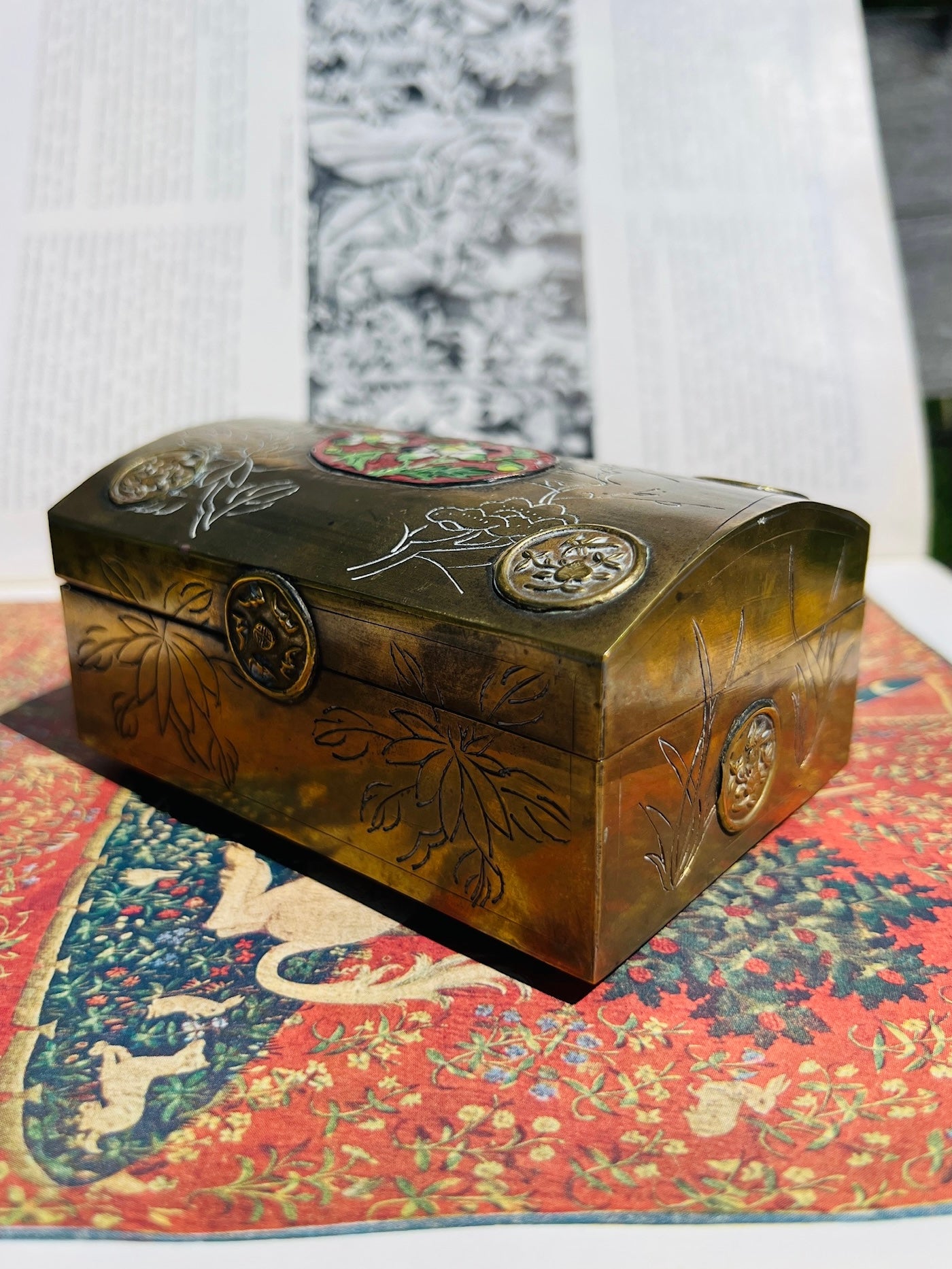 Vintage 1950s Brass Floral Painted Inlay Trinket Box