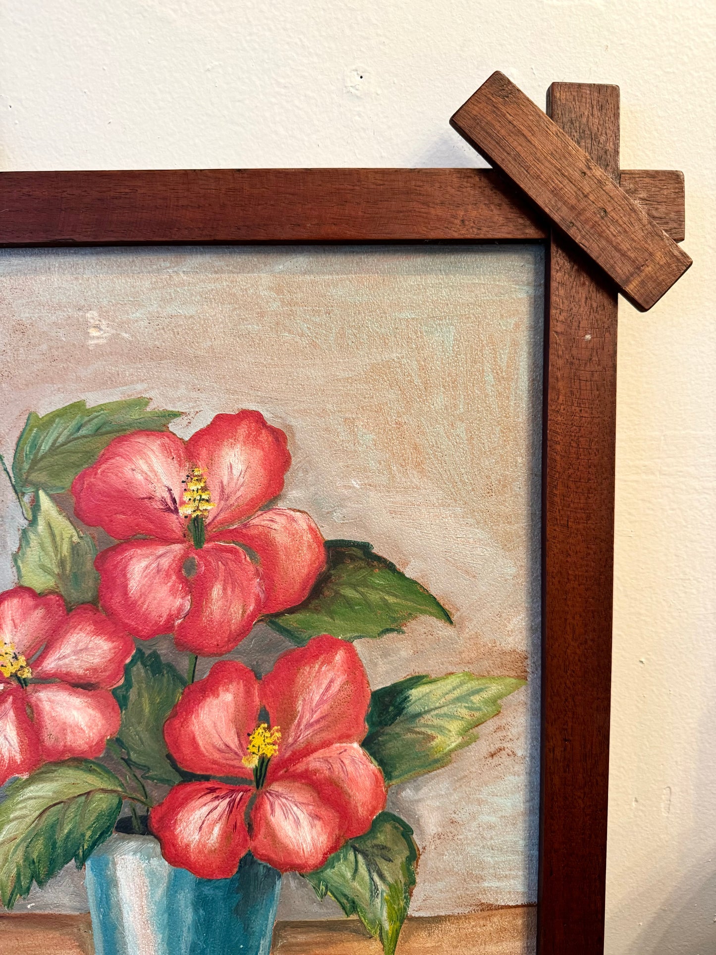Vintage Wood Framed Floral Oil Painting
