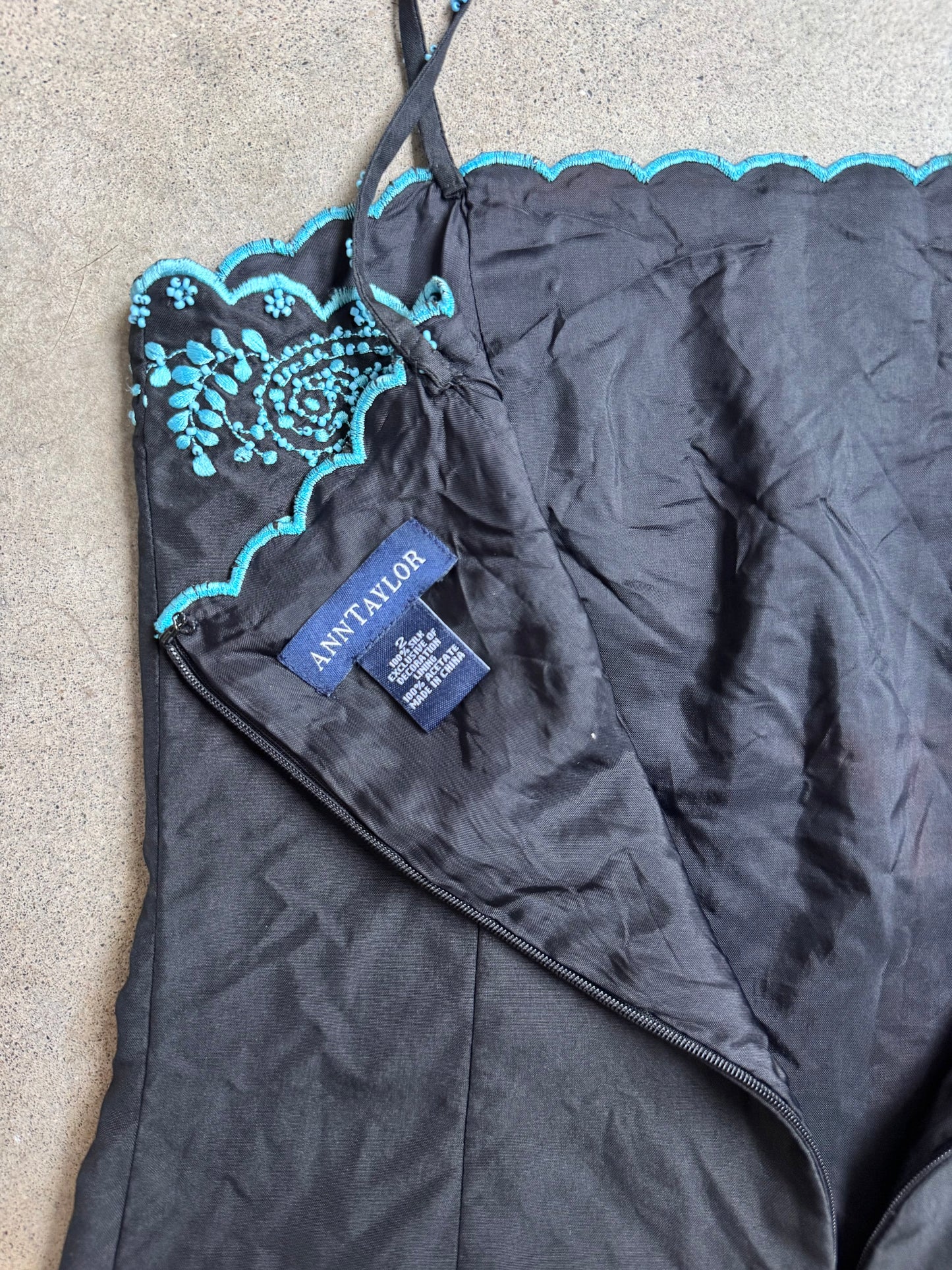 2000s Ann Taylor Black & Blue Embroidered Floral Beaded Silk Dress | XS