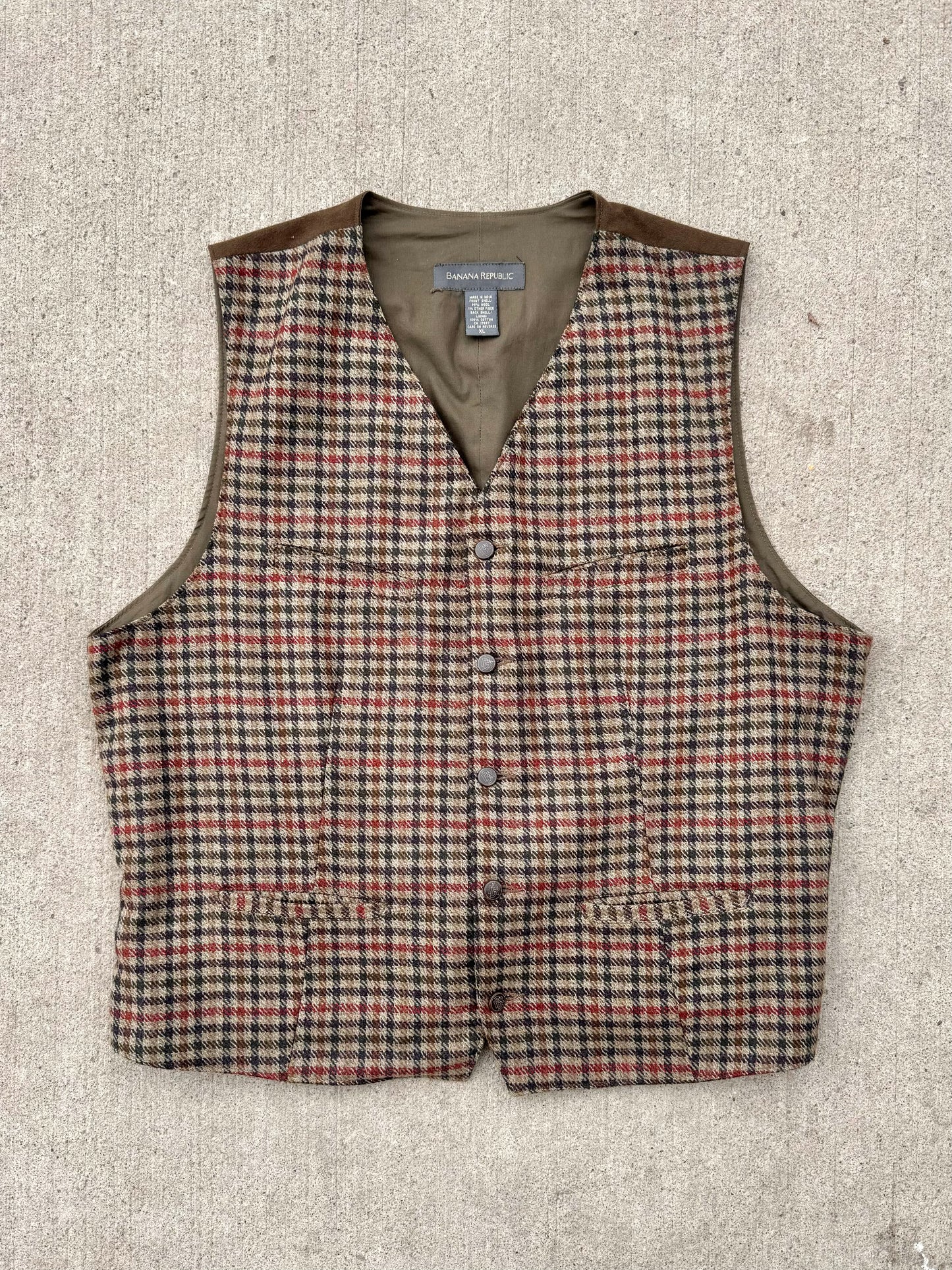 Vintage 1990s Banana Republic Brown Plaid Wool Vest | XL