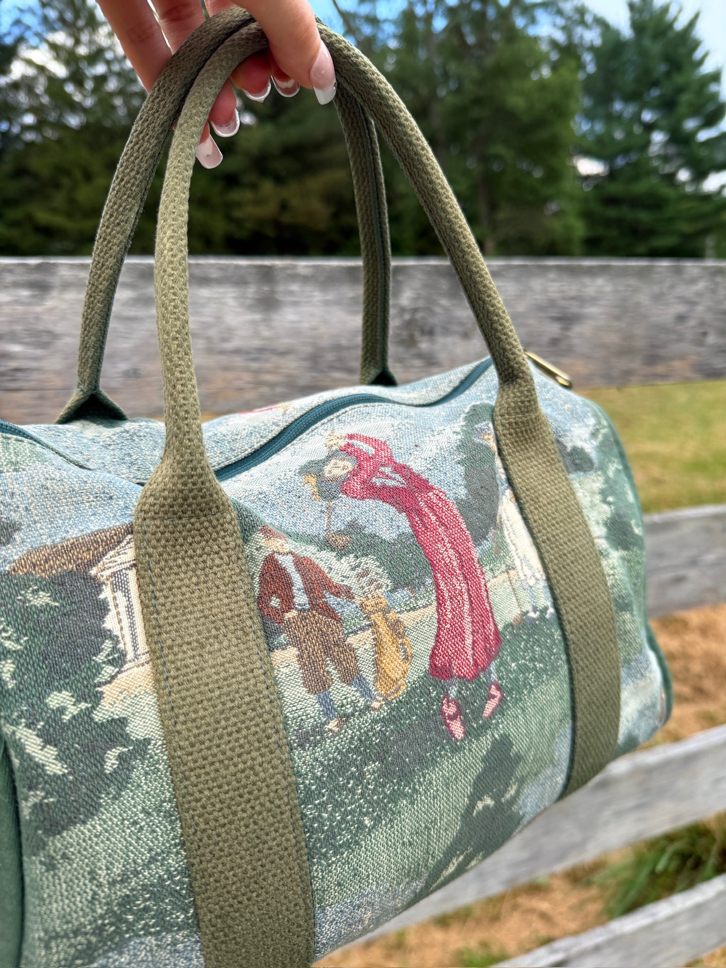 Vintage 1980s Top Handle Golf Tapestry Handbag