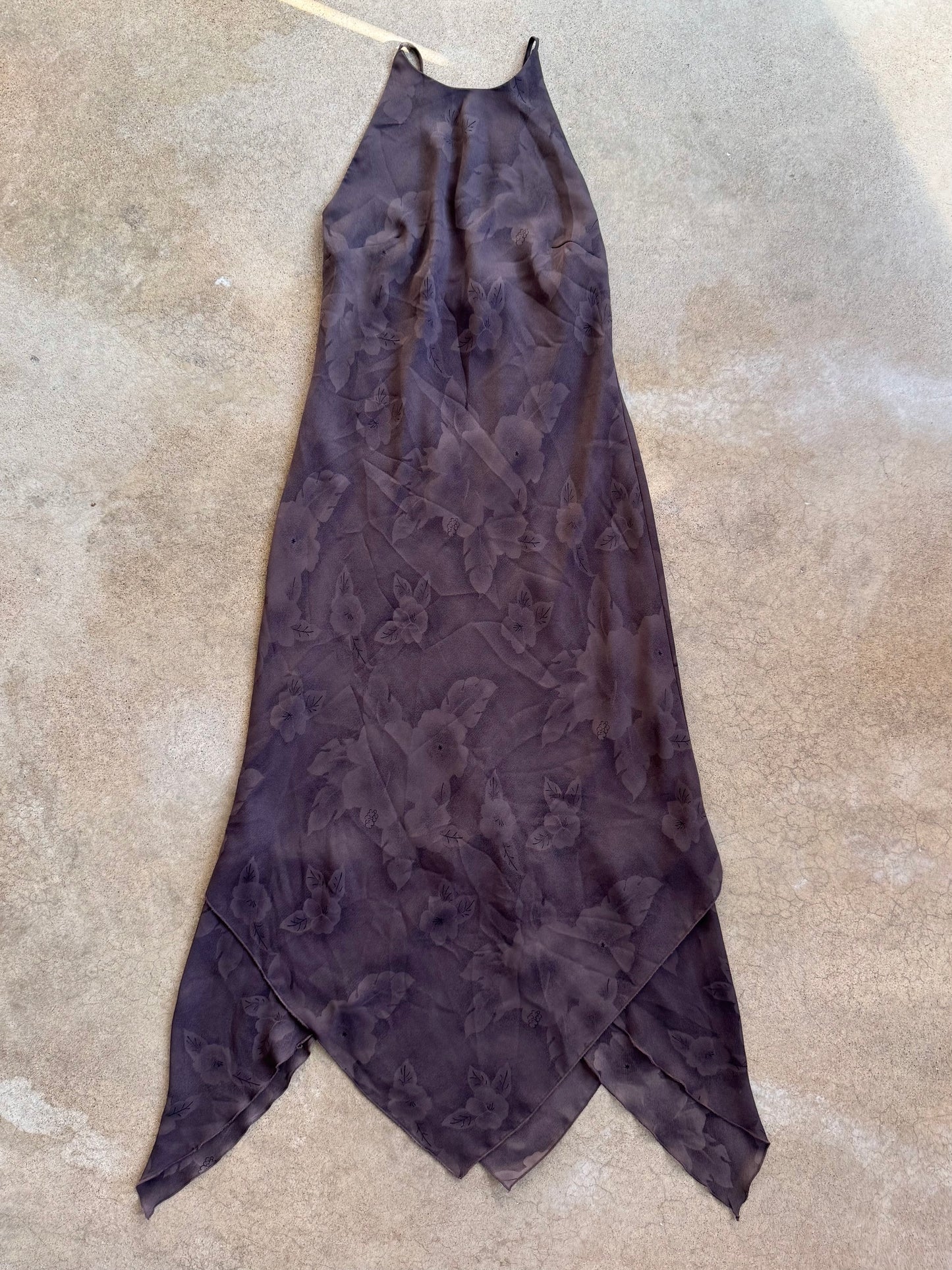 Vintage 1990s CDC Deep Purple Floral Chiffon High-Neck Maxi Dress | Medium