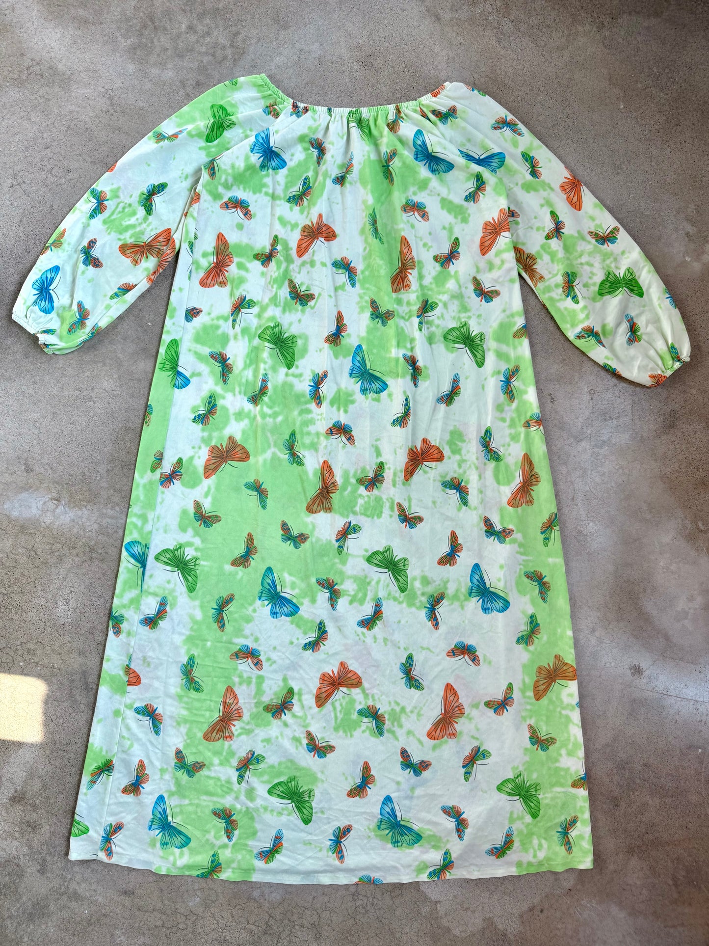 Vintage 1970s Green Butterfly Print Nylon Maxi Dress | Medium