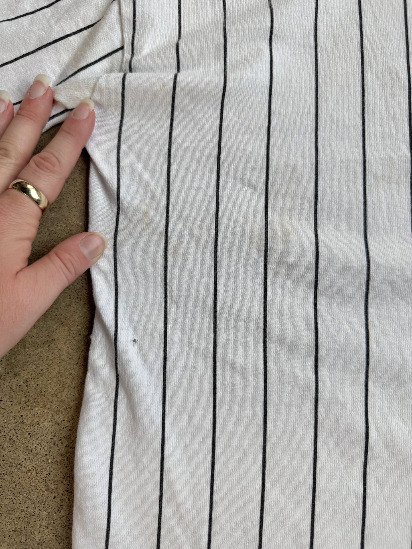 Vintage 1990s Logo 7 Atlanta Braves Pinstripe Cotton Baseball Jersey | XL