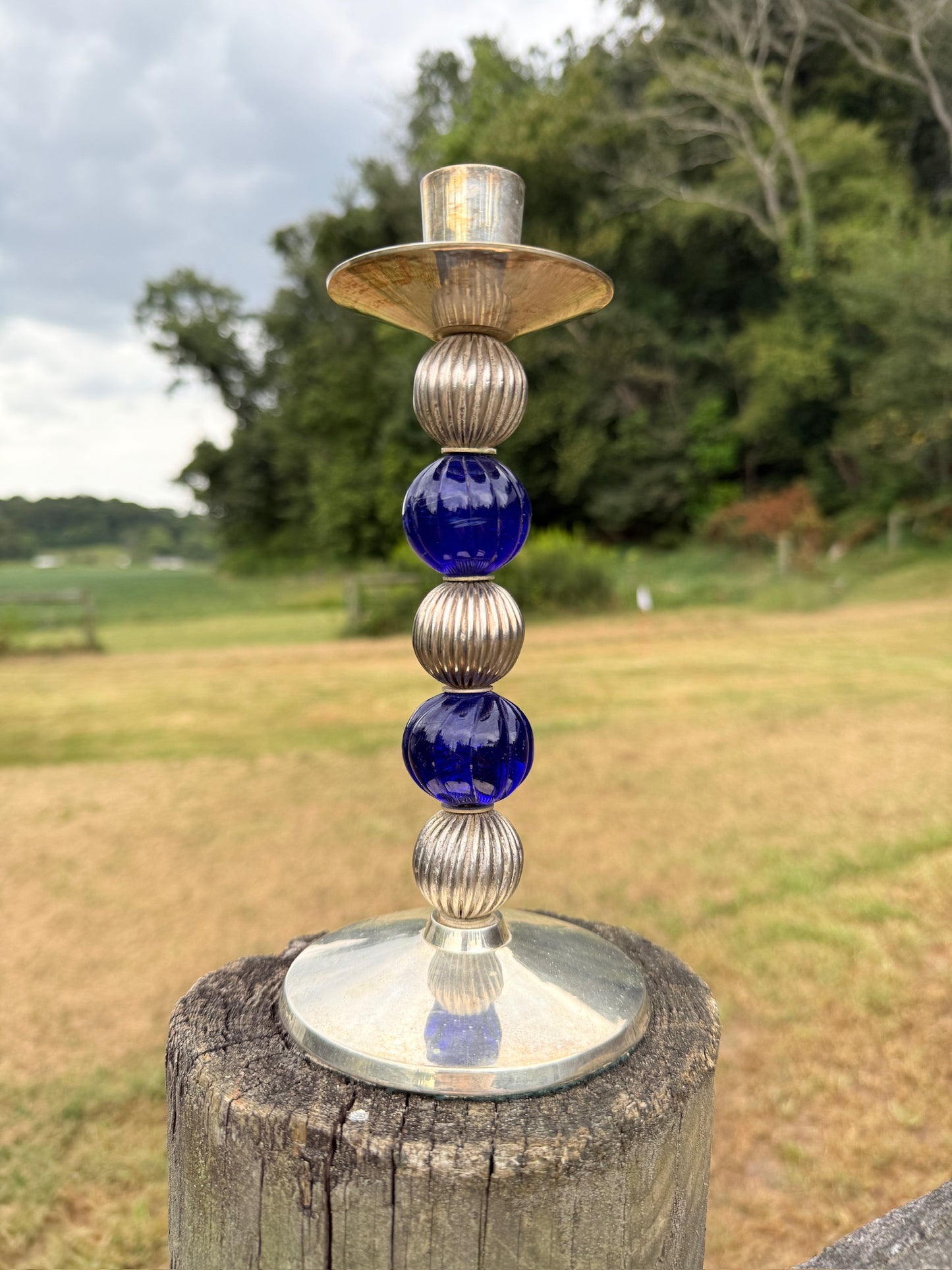 Vintage 1970s/80s Blue & Silver-Plated Stacked Orb Candlestick Holders | Set of 2