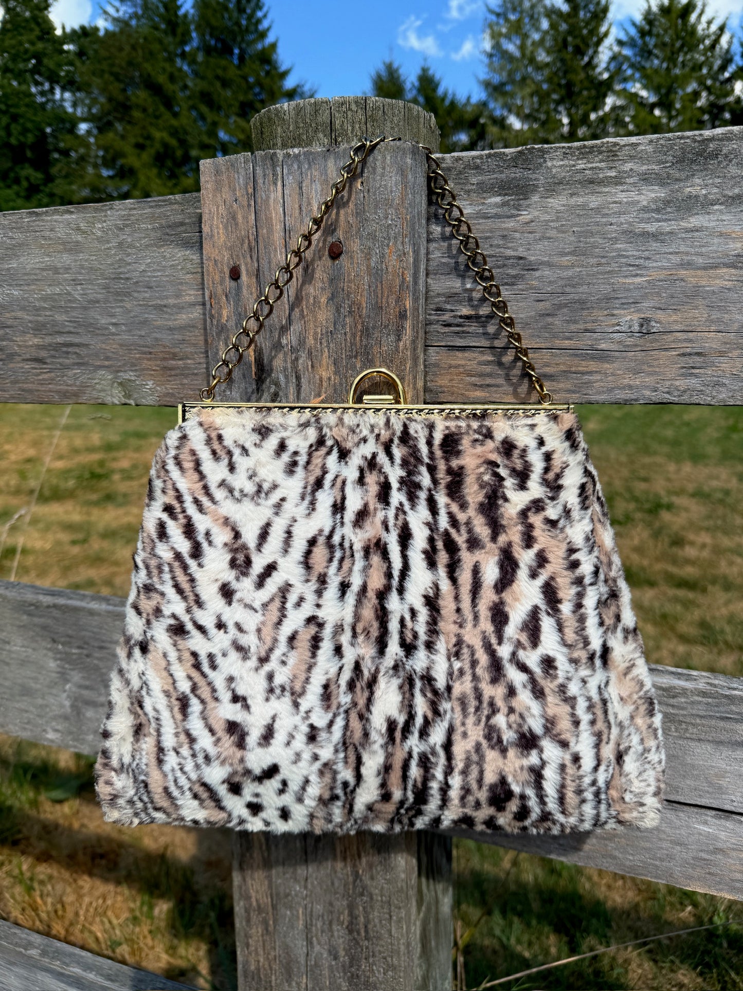 Vintage 1960s Leopard Animal Print Gold Chain Handbag