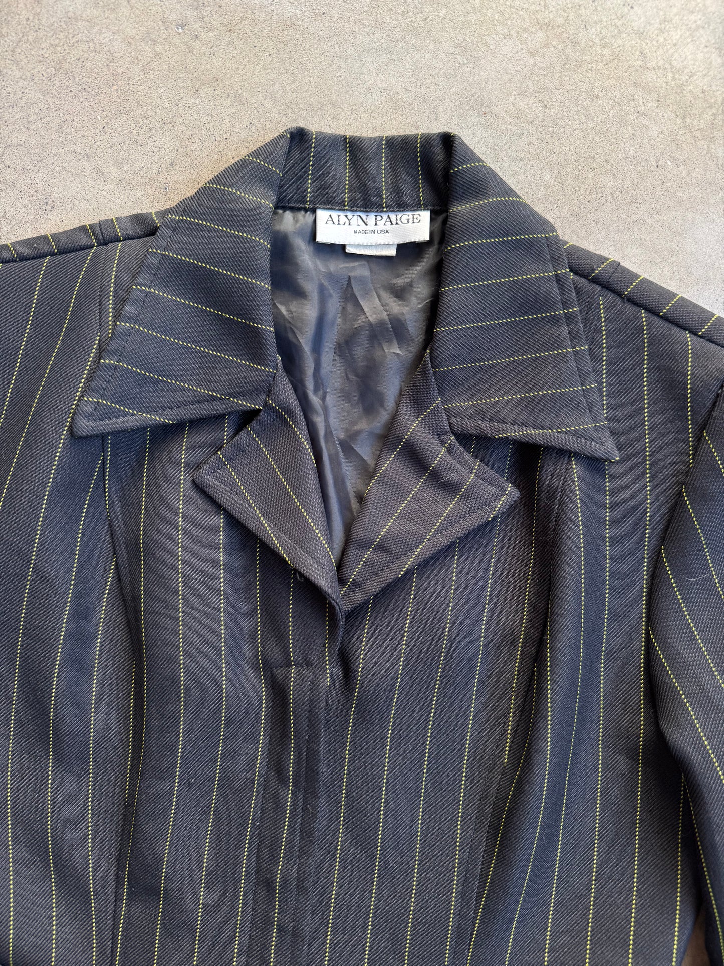 Vintage 1990s Alyn Paige Black & Green Pinstripe Zip-Up Blouse | Small