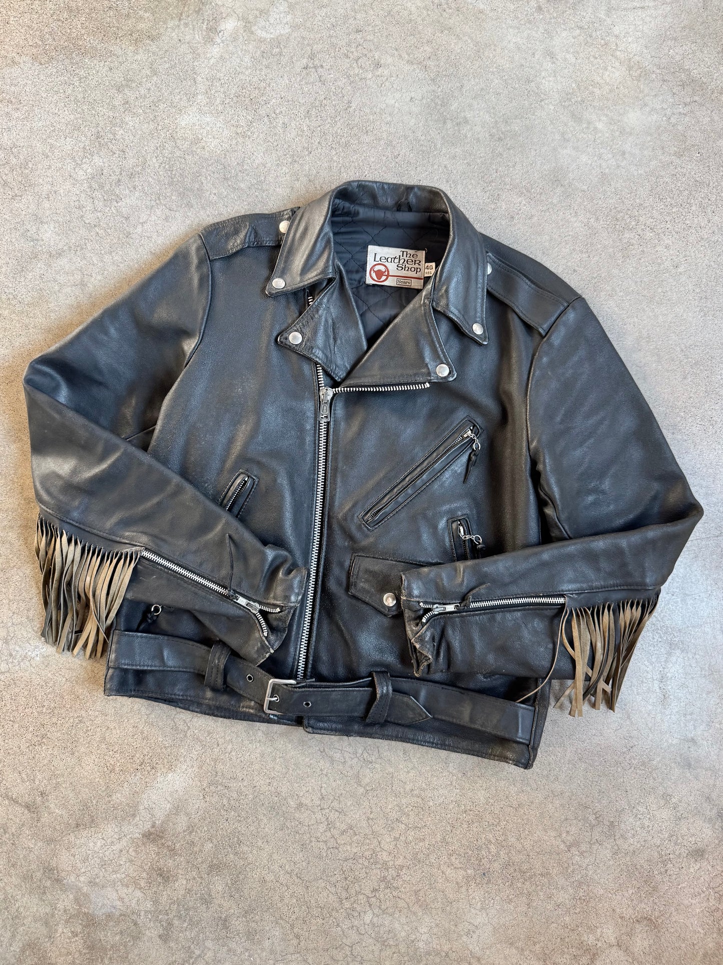 Vintage 1970s Sears Black Leather Fringe Biker Jacket | 40R