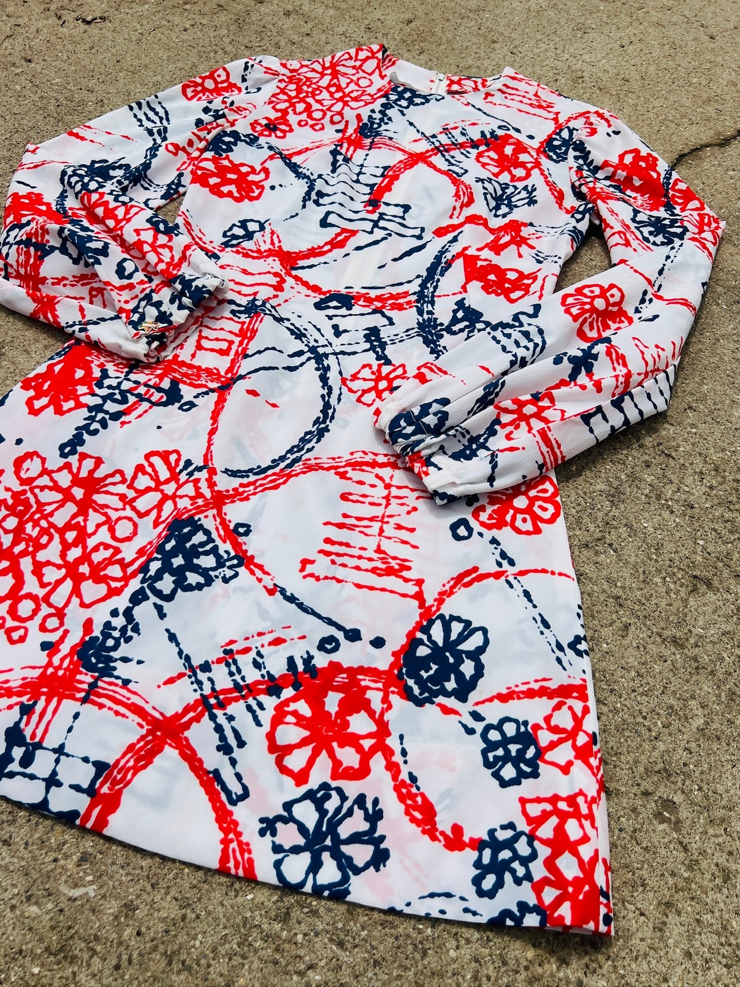 Vintage 1960s Mod Red & Blue Floral Printed Puff Sleeve Mini Dress | XS