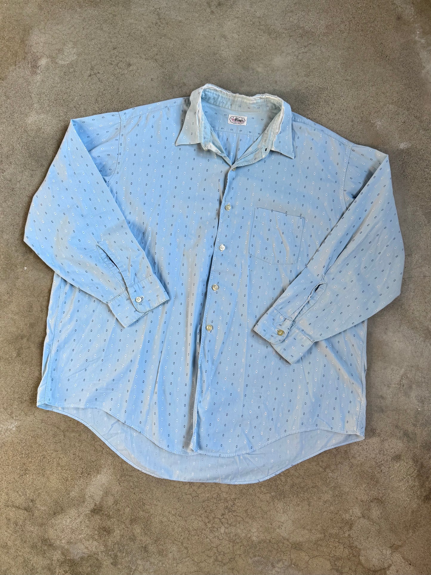 Vintage 1950s Wings Blue Printed Distressed Button-Up Shirt | XXL