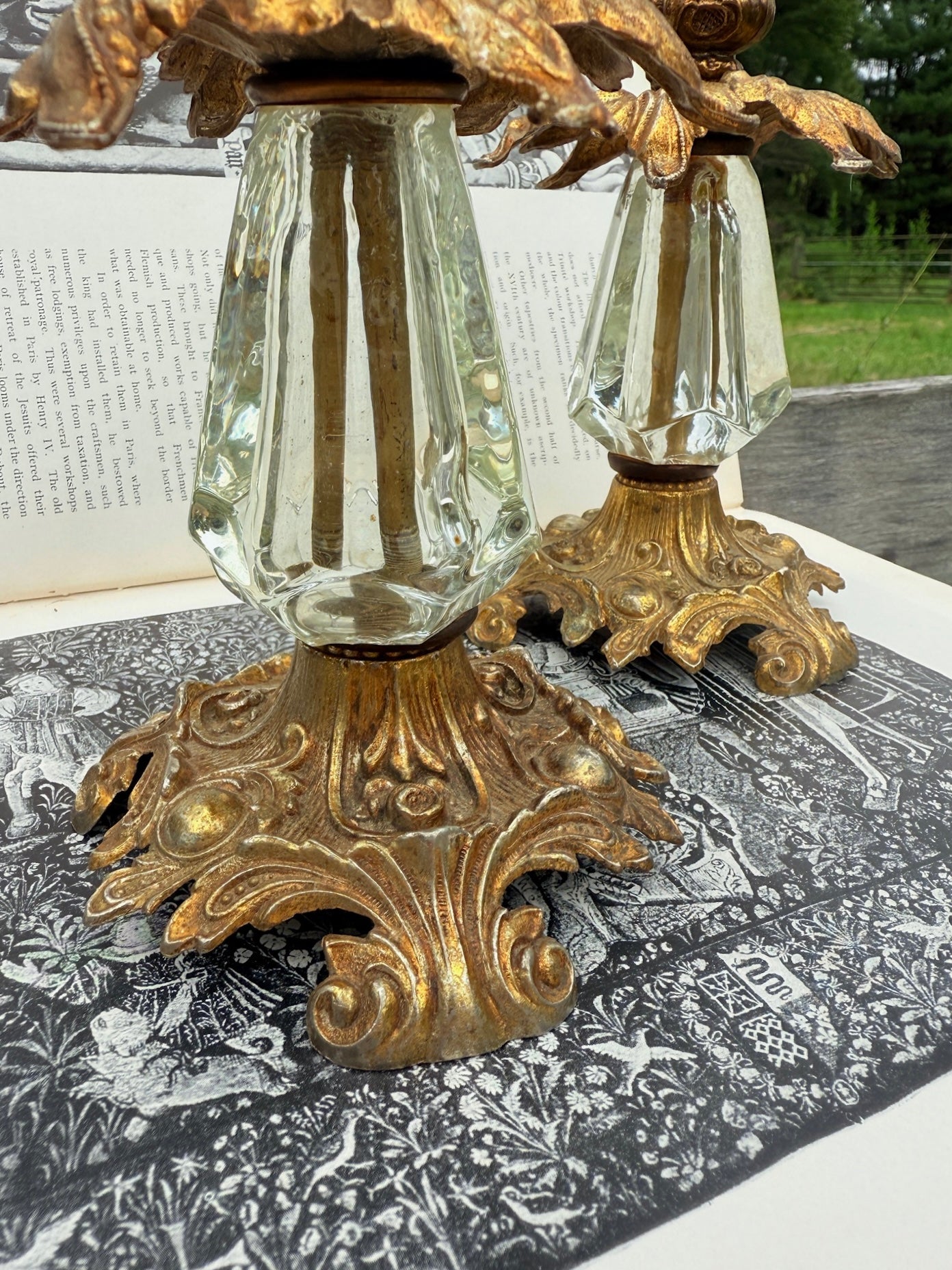 Vintage 1970s Loevsky & Loevsky Ornate Brass & Glass Candlestick Holders | Set of 2