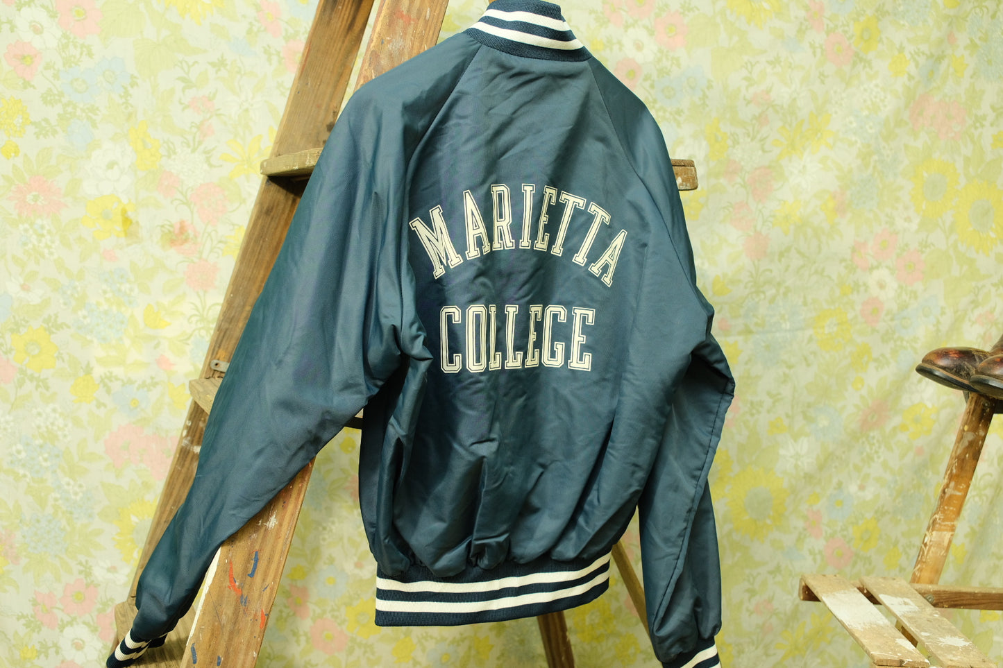 Vintage 1980s Marietta College Navy Varsity Bomber Jacket | Small