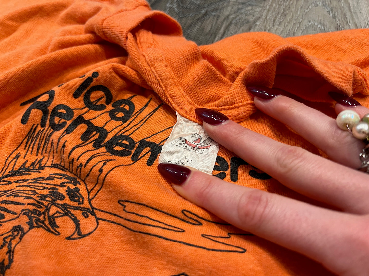 Vintage 1980s Orange "America Remembers" POW-MIA Graphic Tee | XXL