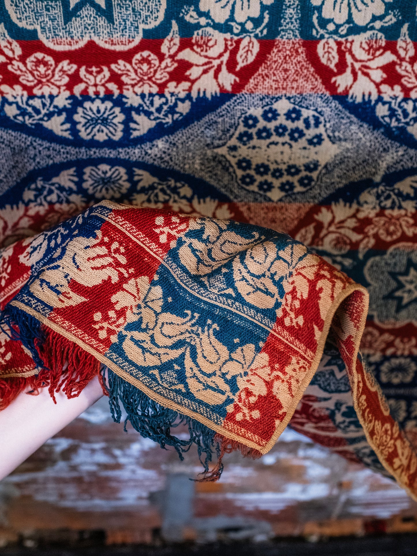 Antique 1850's Jacquard Woven Floral Medallion Fringe Trim Coverlet Blanket