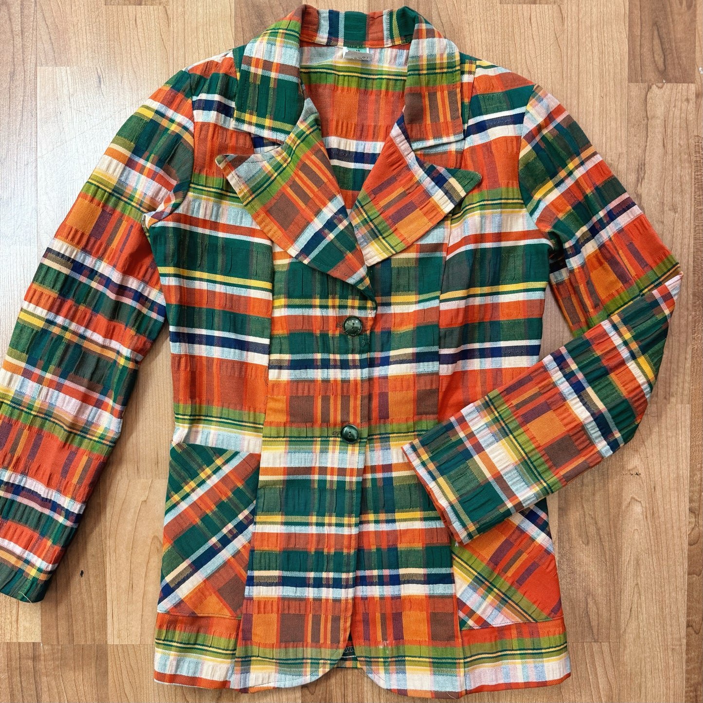 Vintage 1970s Multi Plaid Woven Blazer Jacket | XS/S