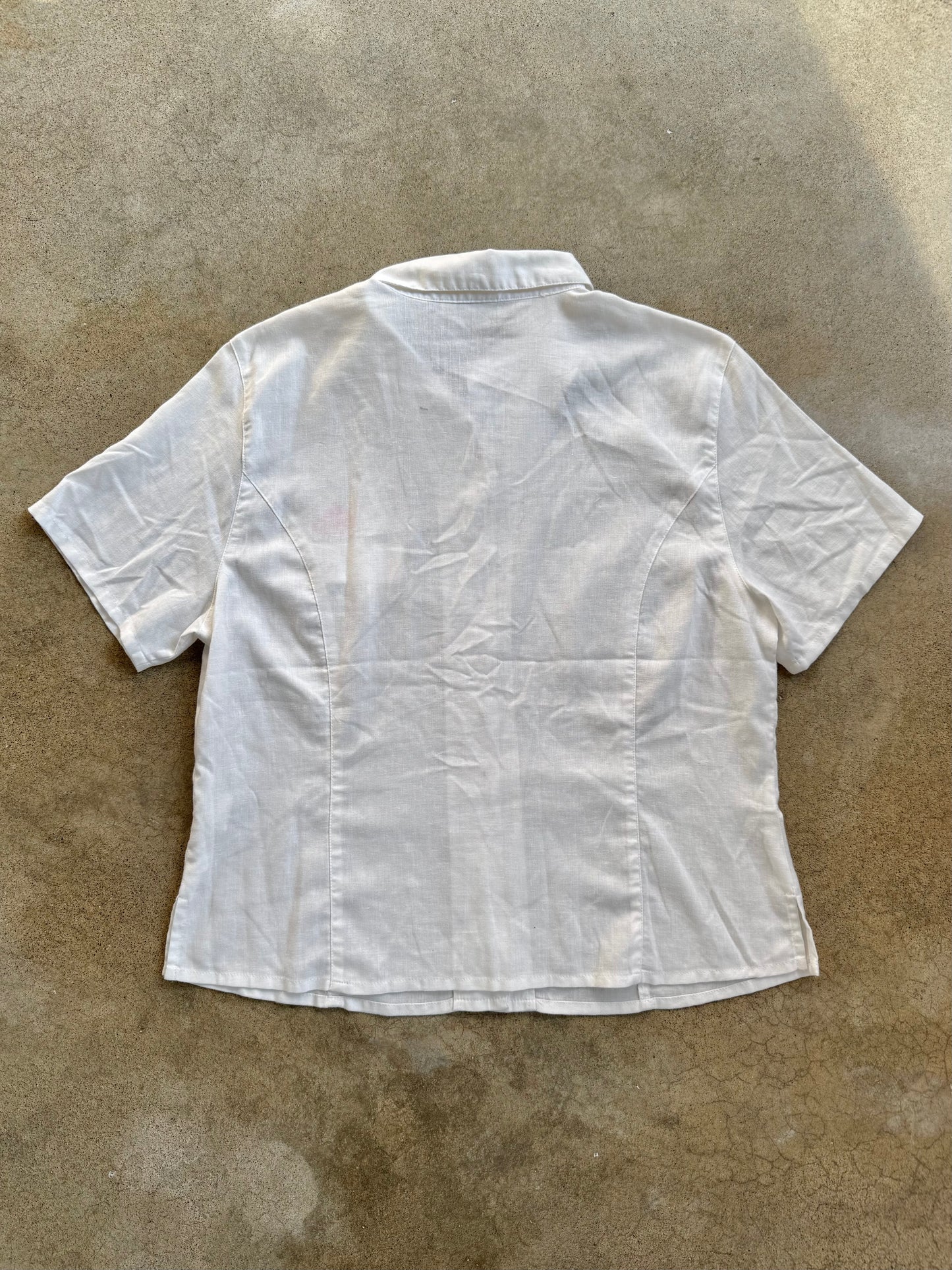 Vintage 1970s Distler White Embroidered Button-Up Blouse | Large