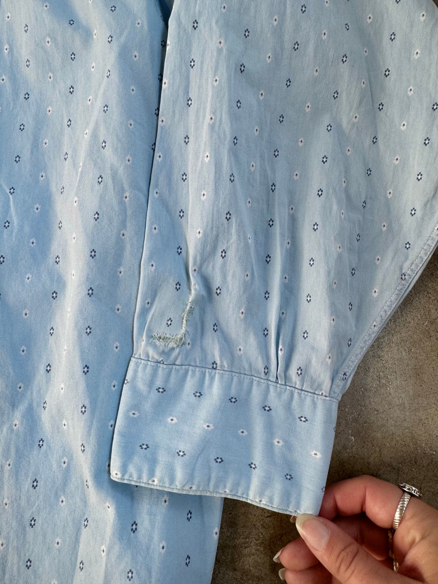 Vintage 1950s Wings Blue Printed Distressed Button-Up Shirt | XXL