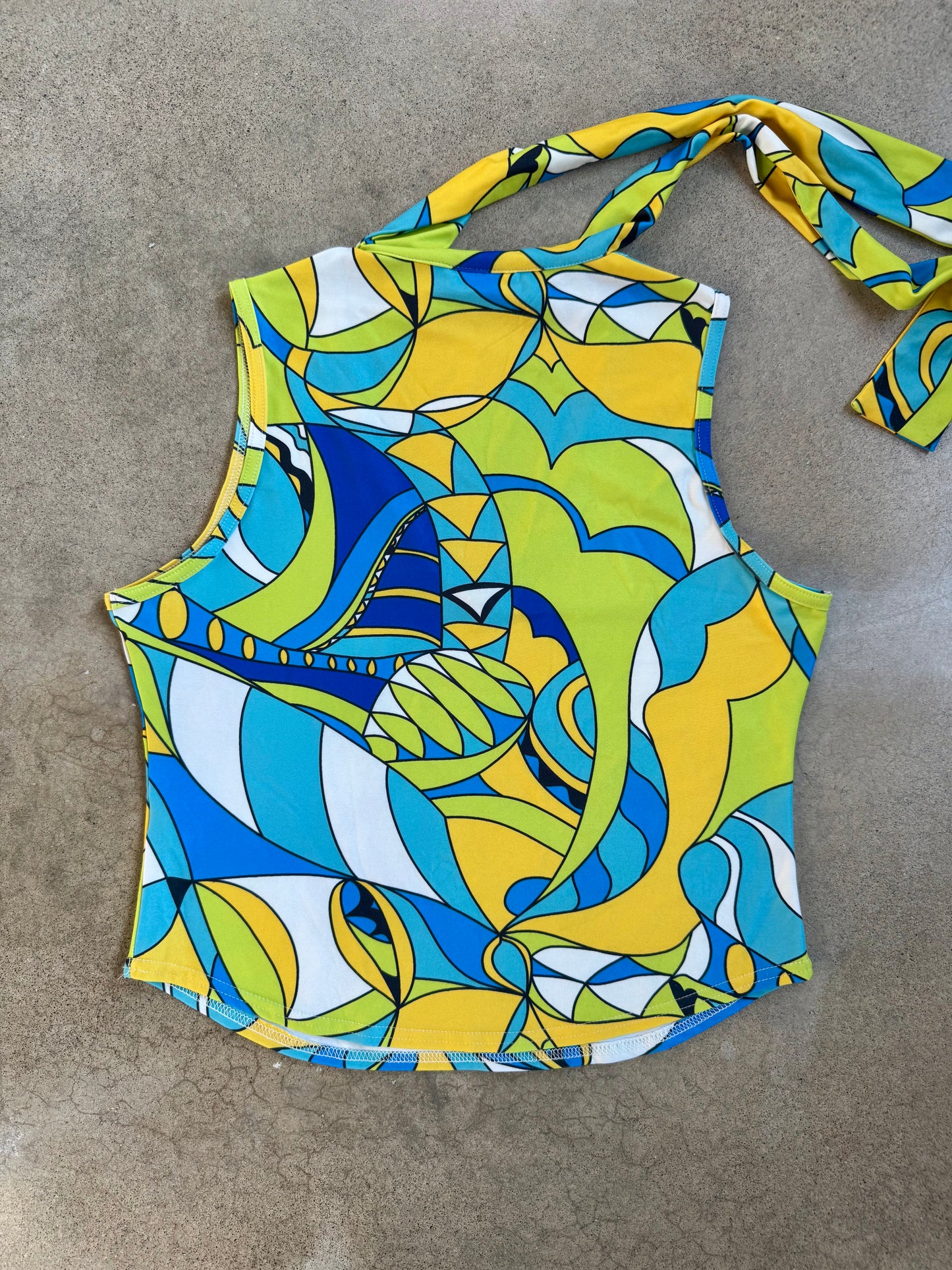 Vintage 1990s B.A.D. Psychedelic Printed Tie Neck Sleeveless Blouse | Large