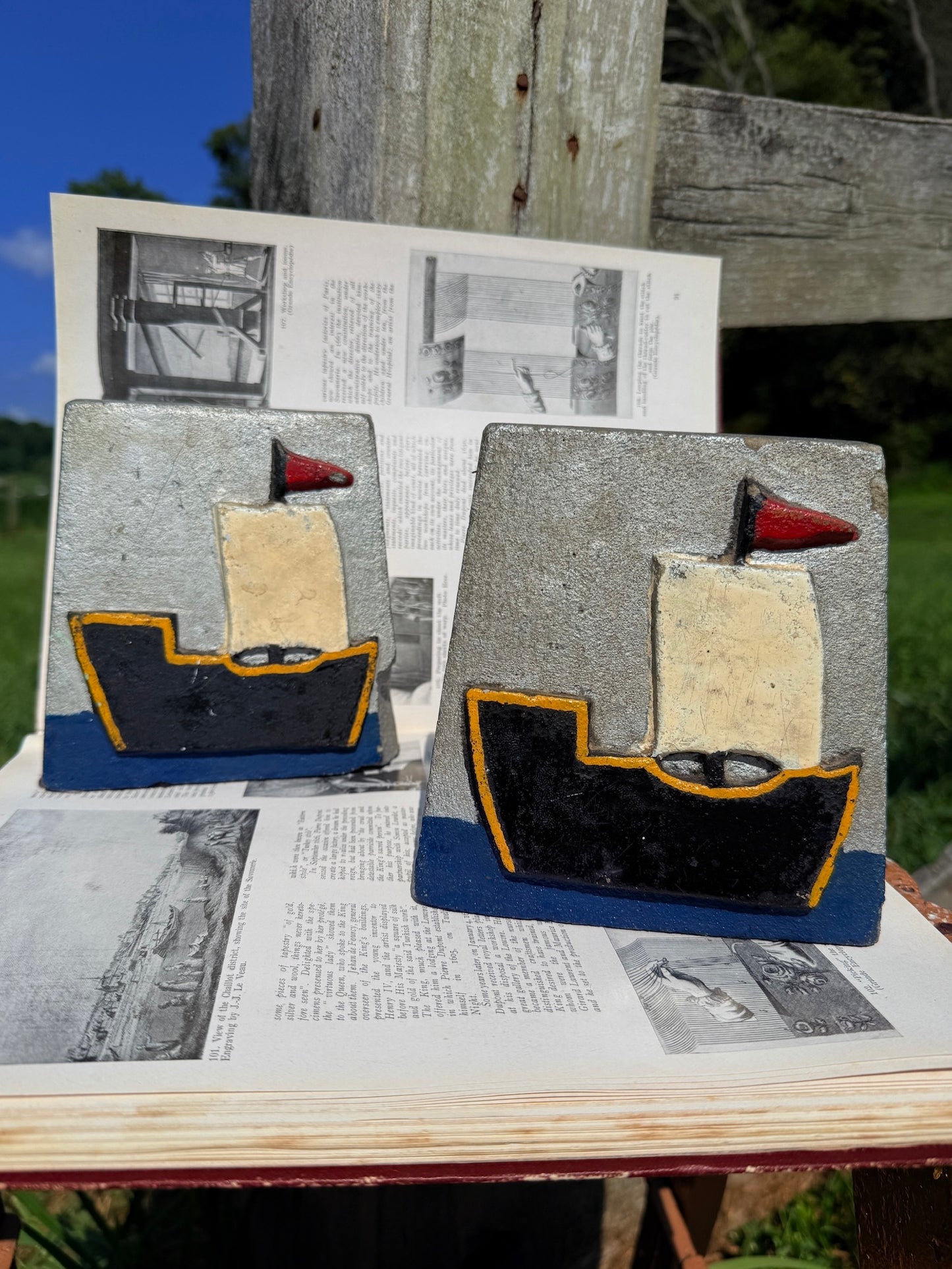 Vintage 1970s Stone Carved Sailboat Bookends | Set of 2