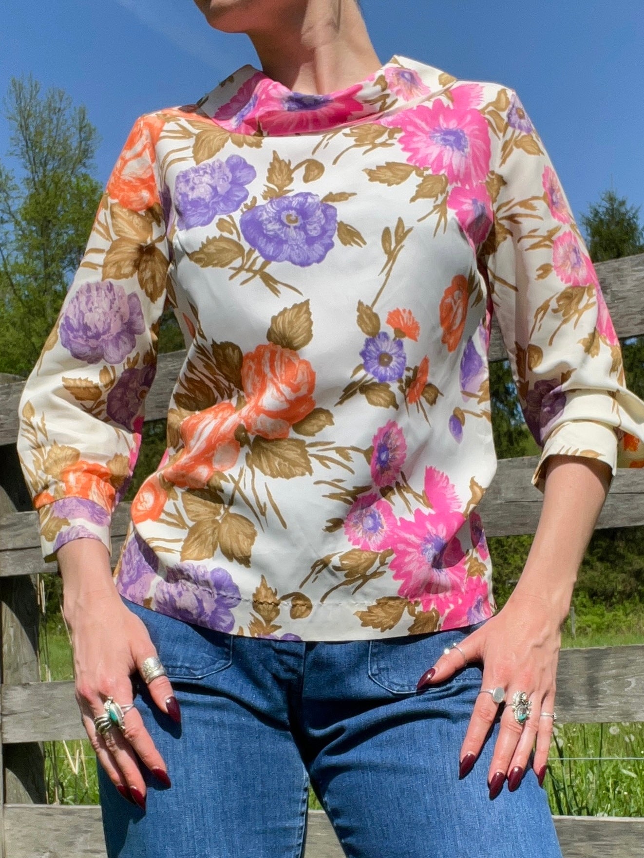 Vintage 1960s Robert Allen Floral Mock Neck Blouse | Small
