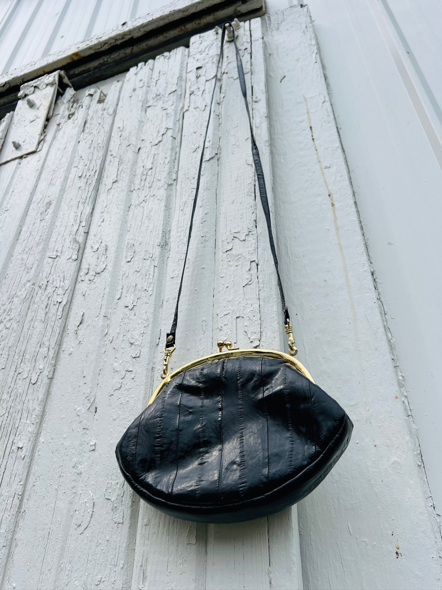 Vintage 1960s Black Eel Skin Crossbody Purse / Clutch