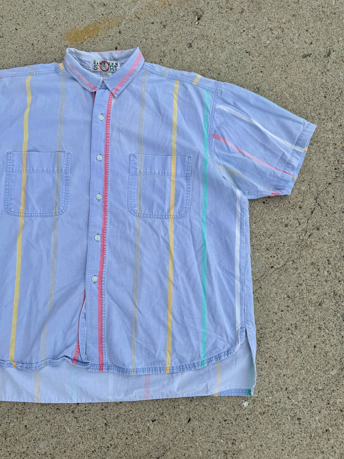 Vintage 1980s Jantzen Sport Pastel Striped Short Sleeve Cotton Shirt | Large