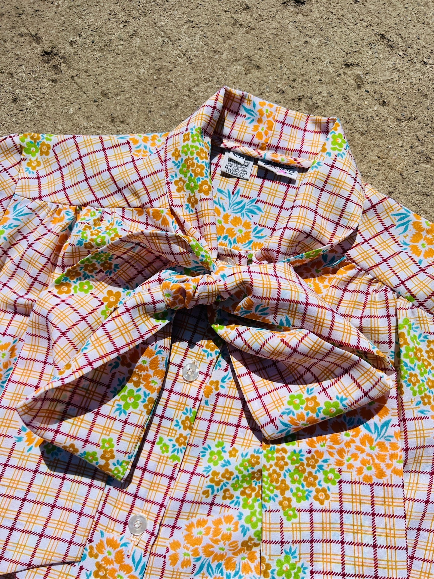 Vintage 1970s Jami Originals Floral Tie Neck Bow Blouse | S/M