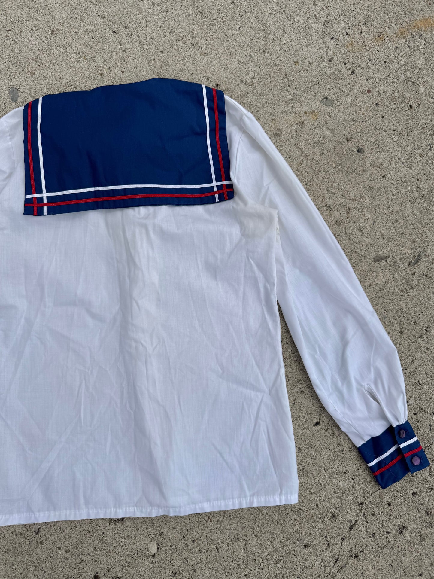 Vintage 1970s White & Navy Button-Up Sailor Blouse | Small