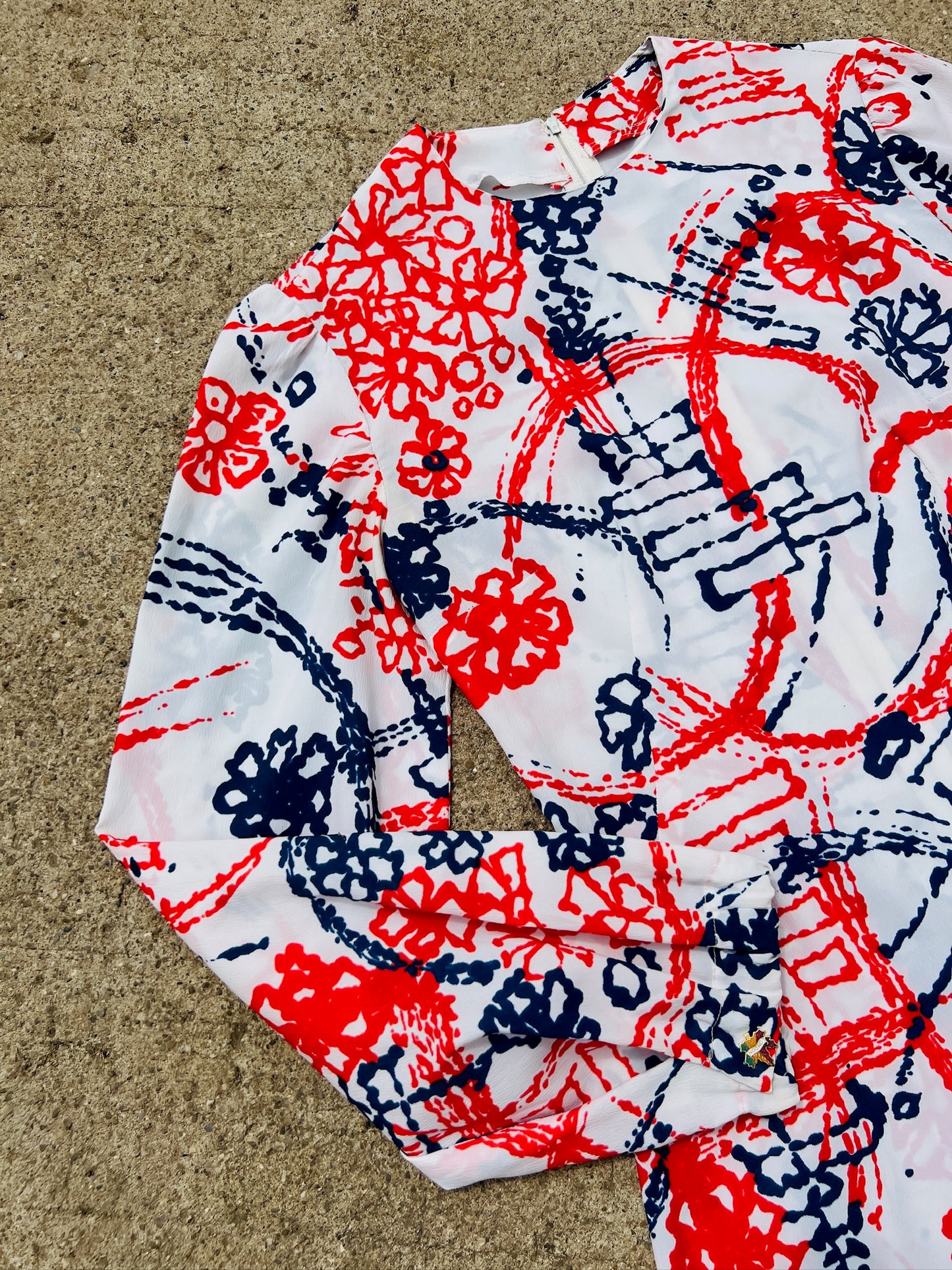 Vintage 1960s Mod Red & Blue Floral Printed Puff Sleeve Mini Dress | XS
