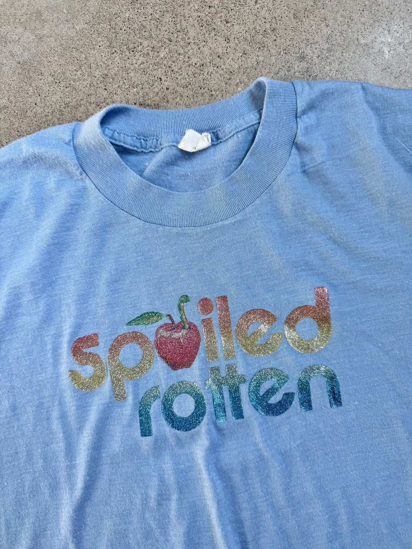 Vintage 1970s Blue “Spoiled Rotten” Rainbow Sparkle Graphic Tee | Medium