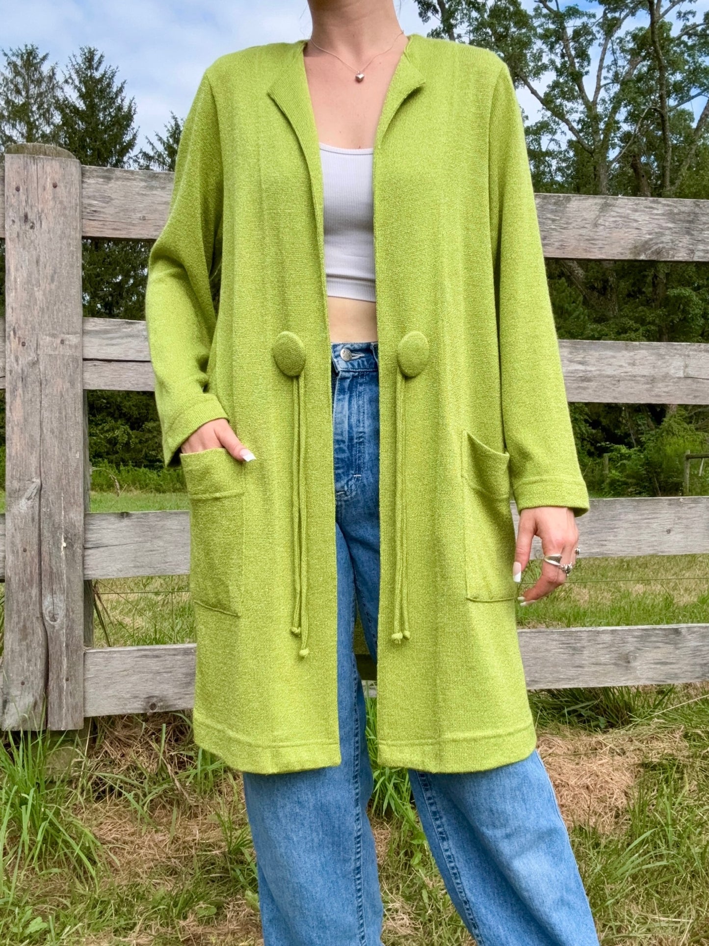 Vintage 1990s Platinum By Dorothy Schoelen Lime Green Longline Cardigan | Medium