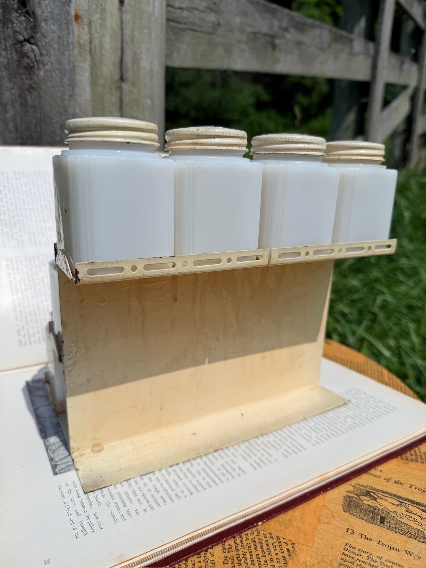 Vintage 1930s McKee Tipp City Milk Glass Spice Jar Set w/ Rack