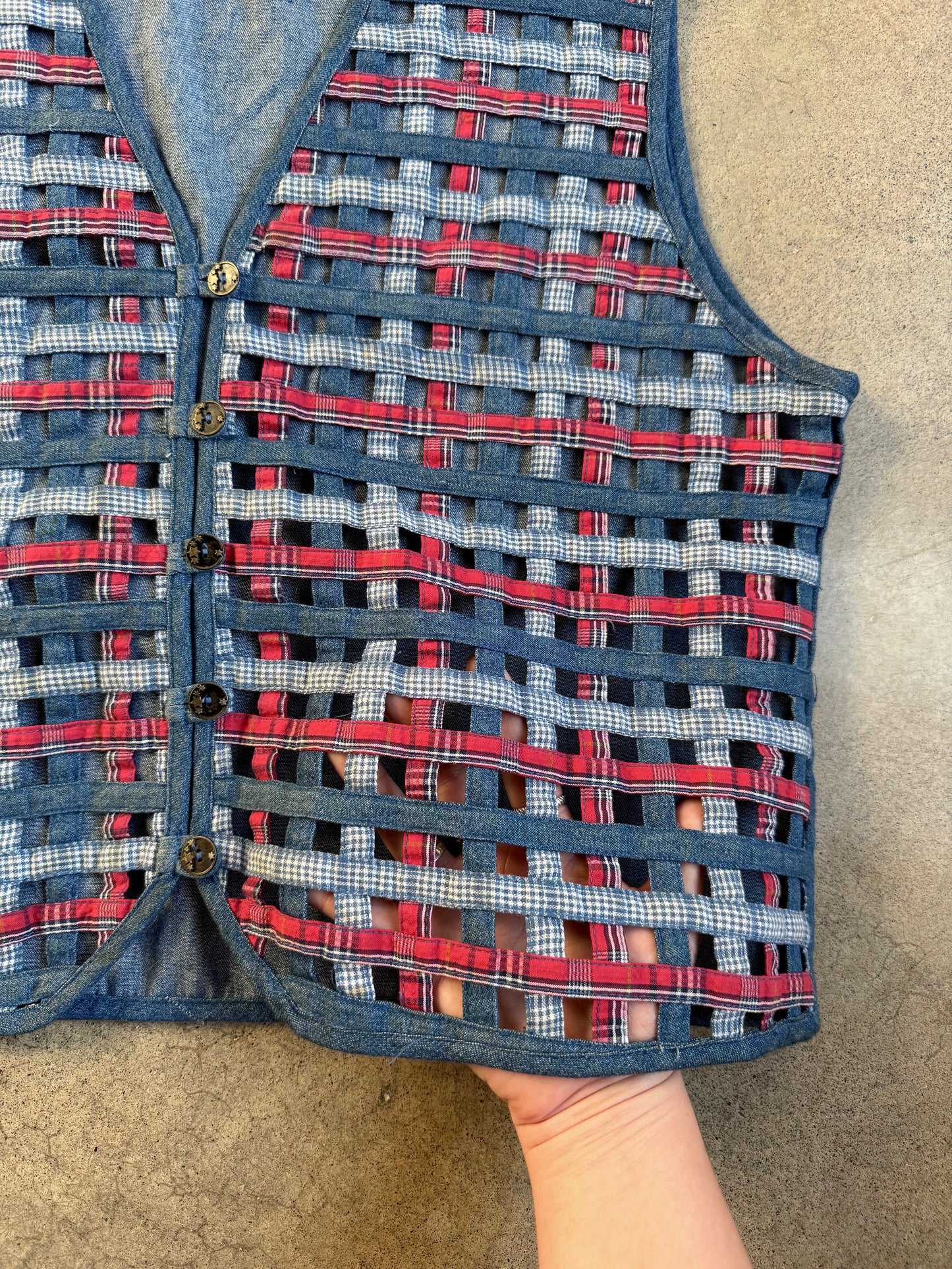 Vintage 1990s Koret City Blues Denim Lattice Woven Vest | Large