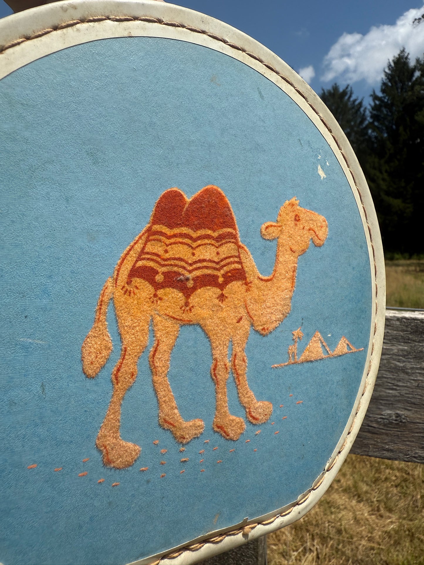Vintage 1950s Felt Camel Patch Blue Top Handle Box Purse
